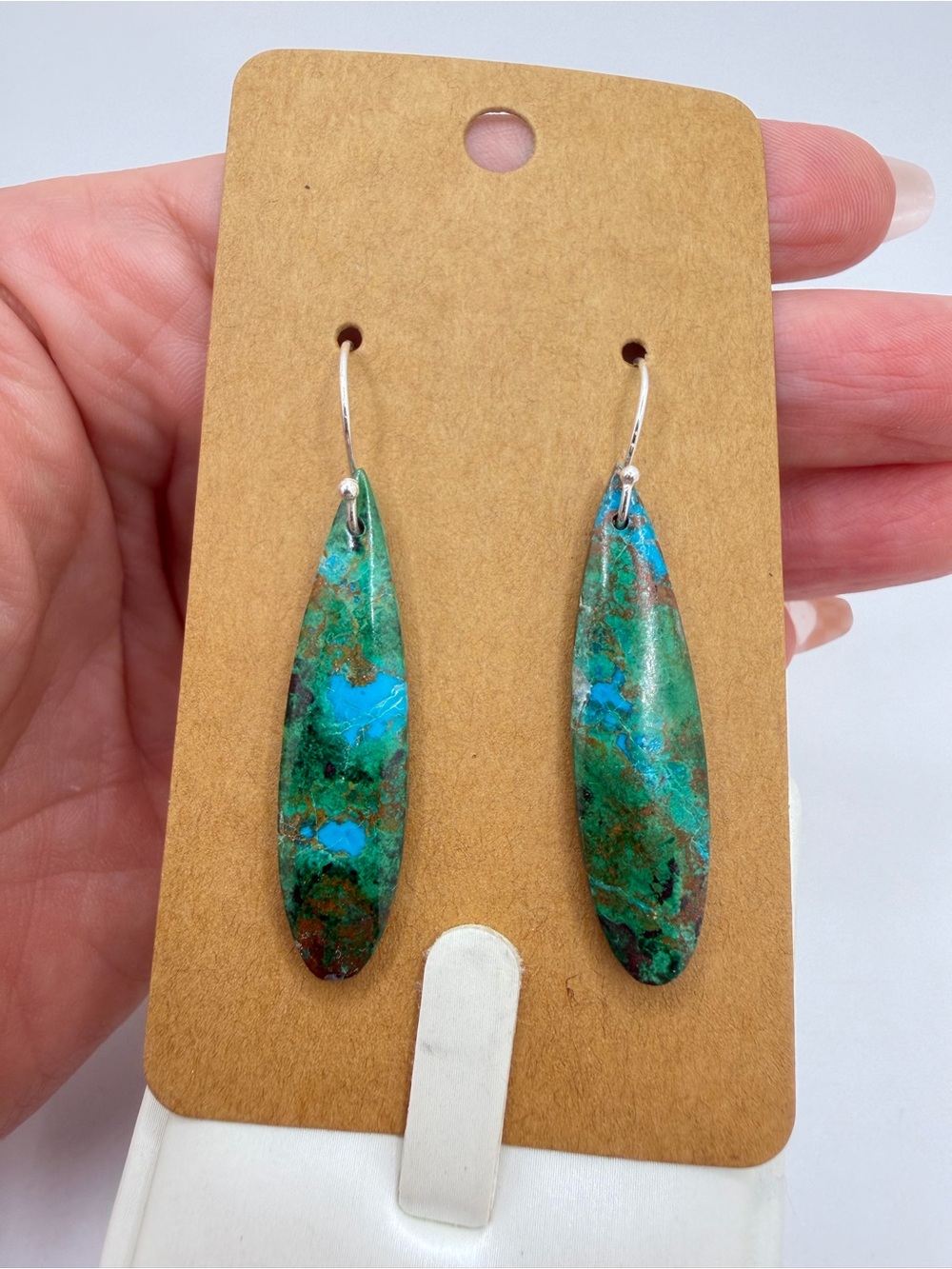 NWOT 2" long 38X10mm Malachite-Chrysocolla teardrop dangle earrings in 925!